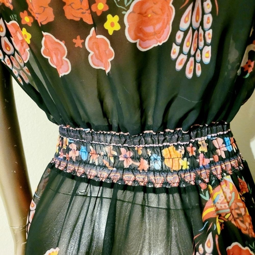 NWOT Floral Shirred Waist Tie Front Ruffle Hem Boho Sheer Dress Sz M - Picture 13 of 16